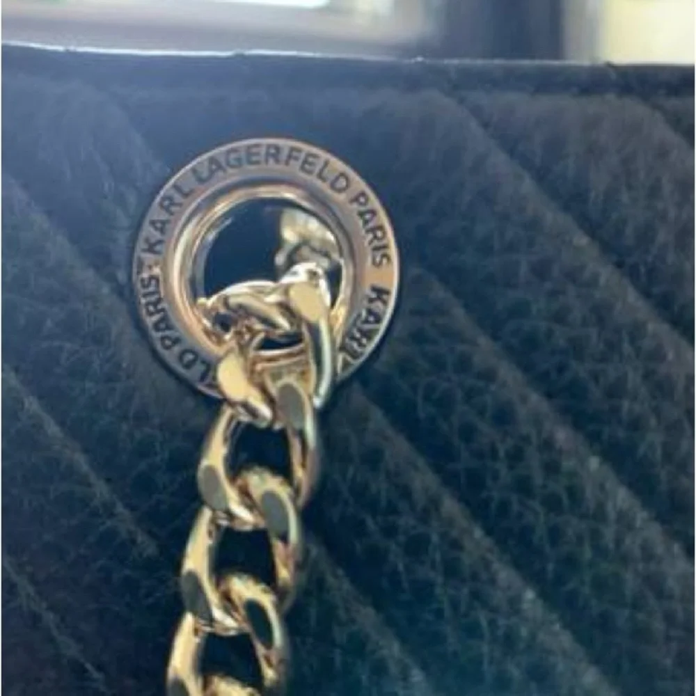 NEW! Karl Lagerfeld Black and Gold Chevron Charlotte Satchel Shoulder Bag - Picture 8 of 10